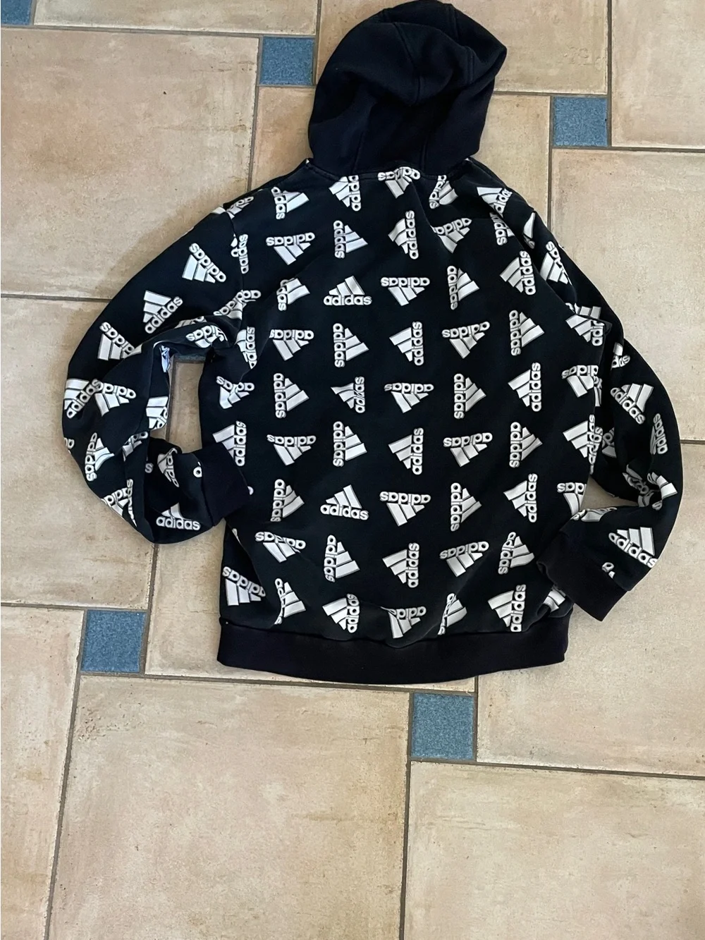 adidas Black Hoodie with White Logo Allover Print Size: L